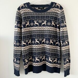 Forever 21 Blue Tan Reindeer Ugly Christmas Sweater Size Medium Xmas Holidays